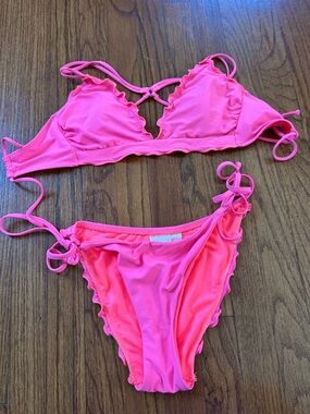 Hobie Neon Pink Ruffled Triangle Bikini Set